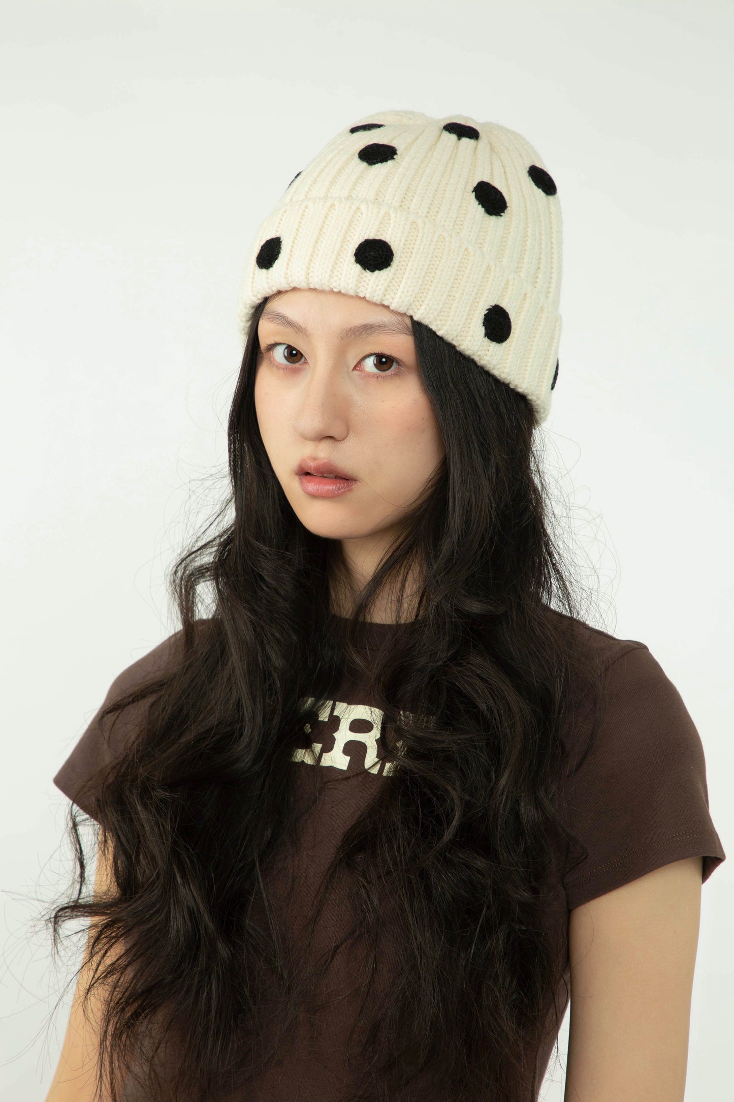 Wool Ribbed Polka Dot Beanie Hat