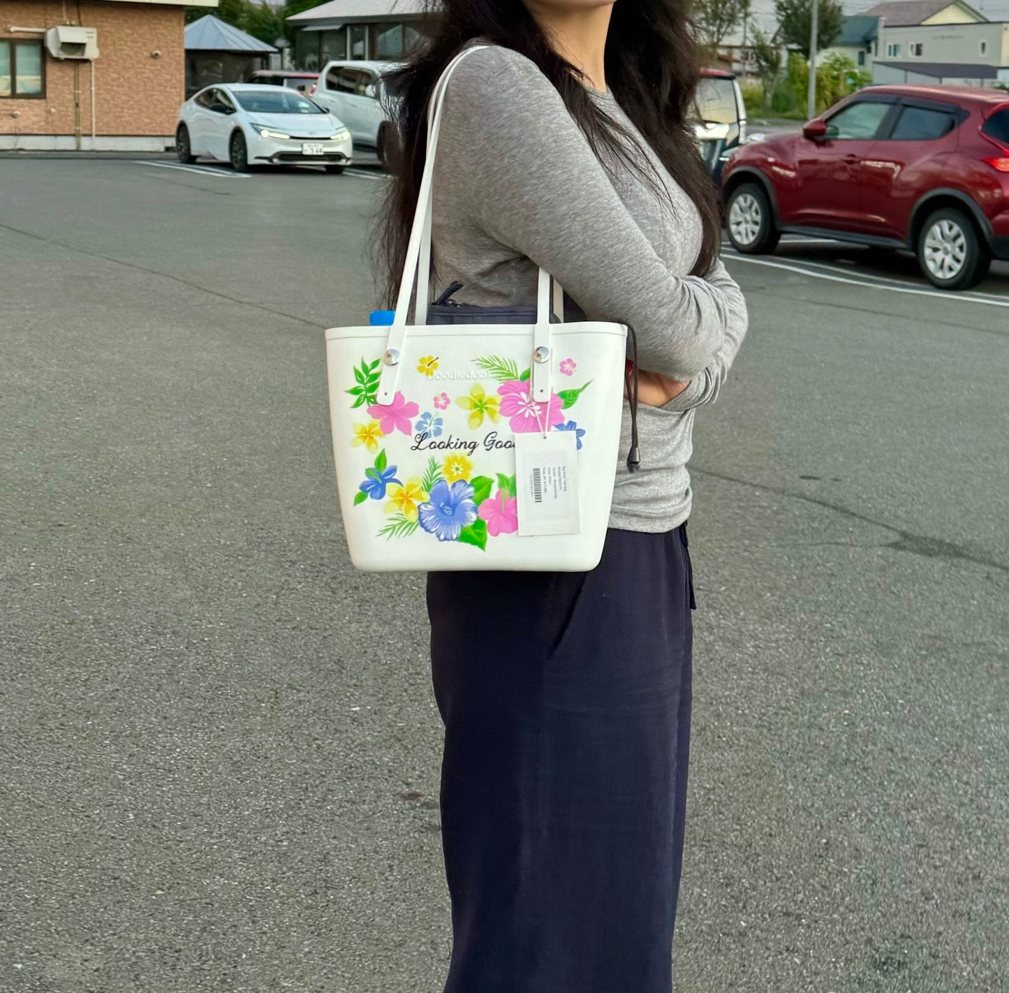 Summer Floral Tote Bag With Bag Charm White