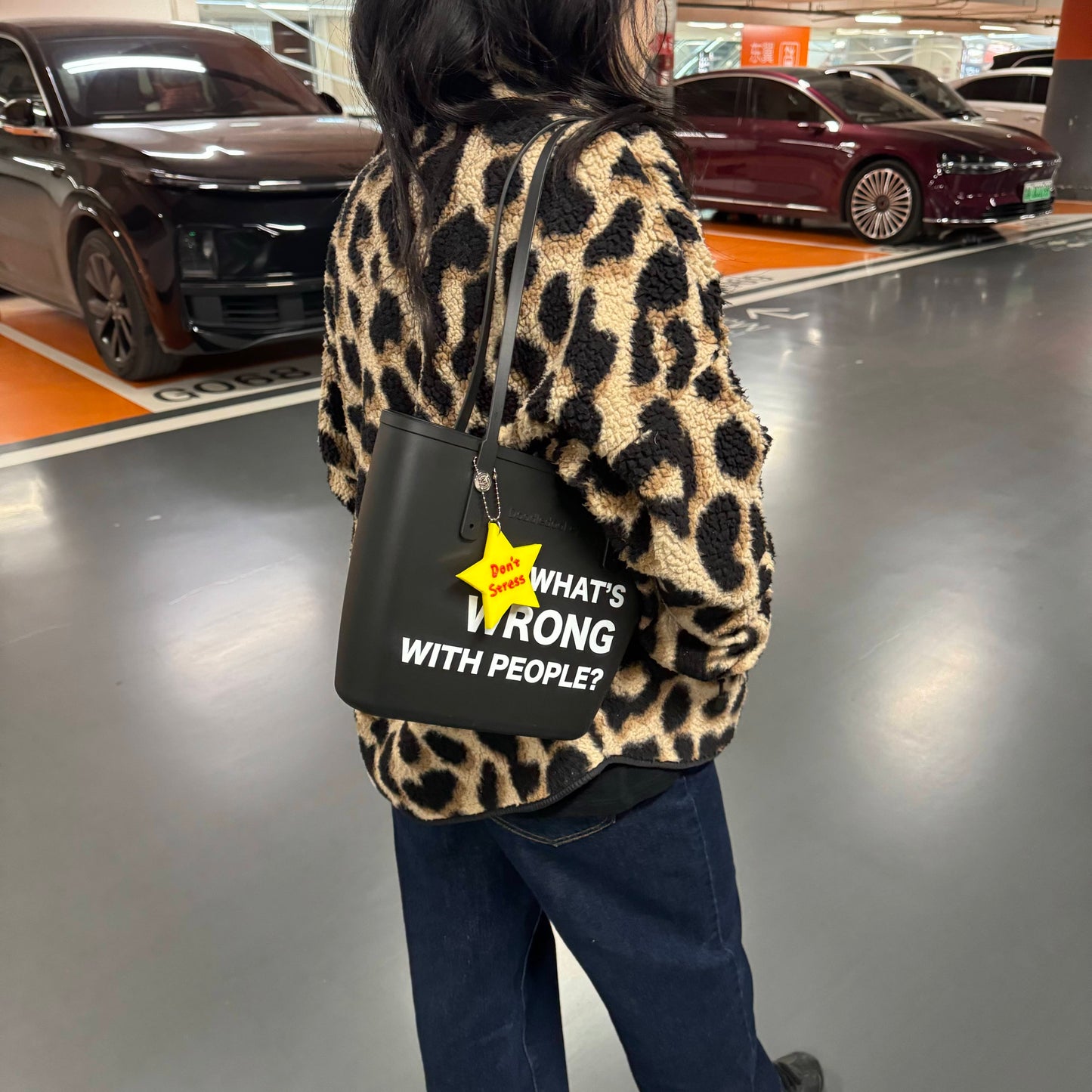 What's Wrong With People Slogan Tote Bag With Bag Charm Black