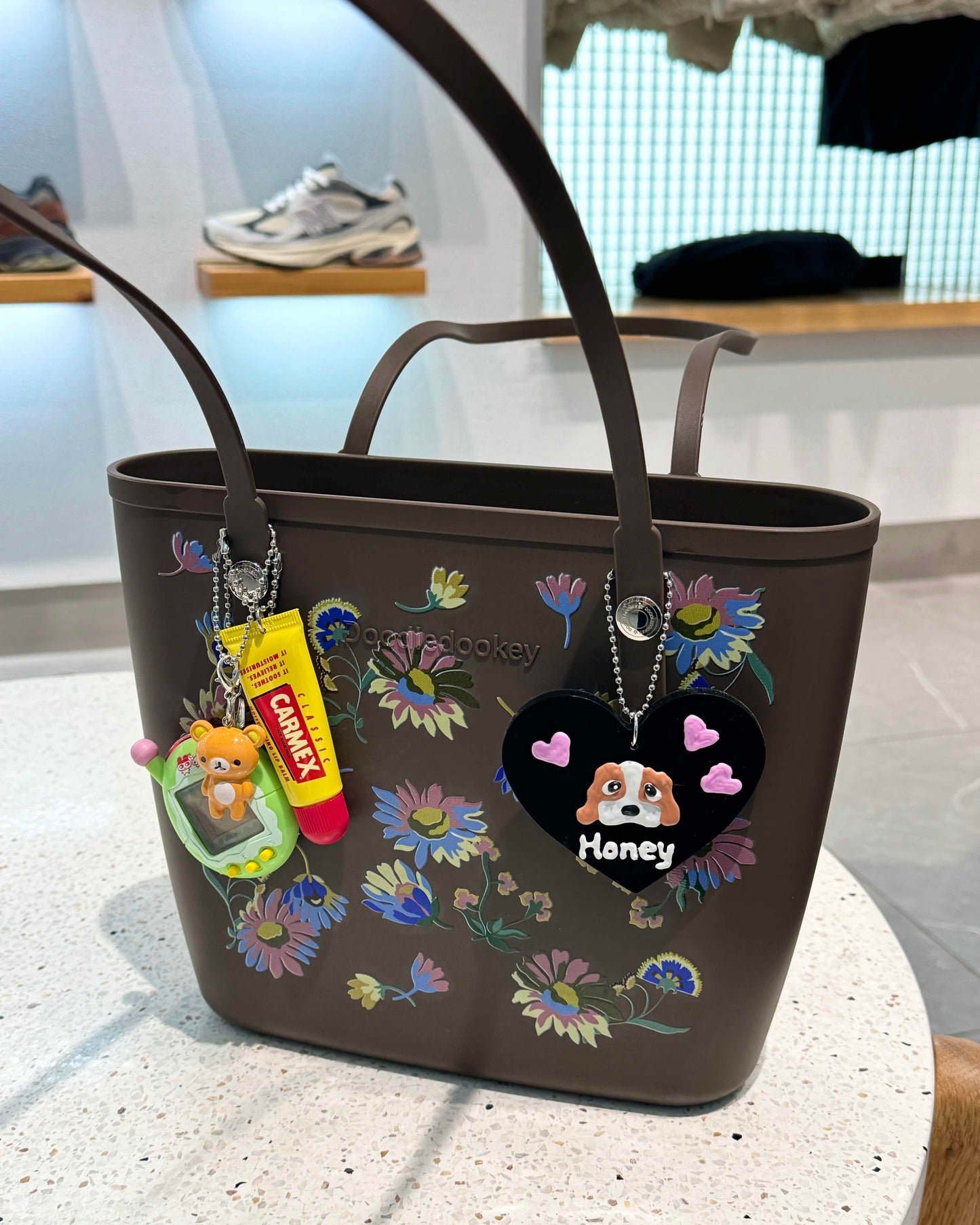 Floral Tote Bag With Bag Charm Chocolate