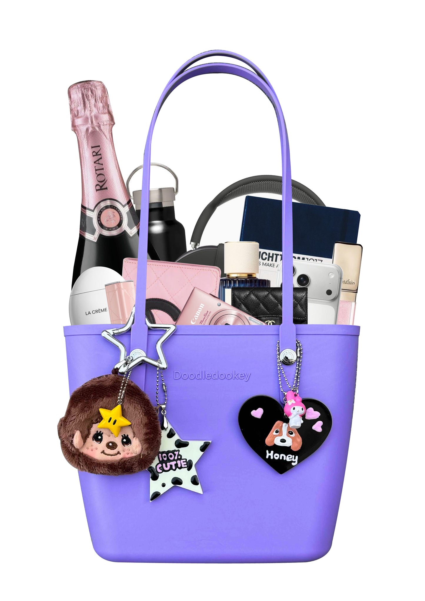 Solid Color Tote Bag With Bag Charm Purple