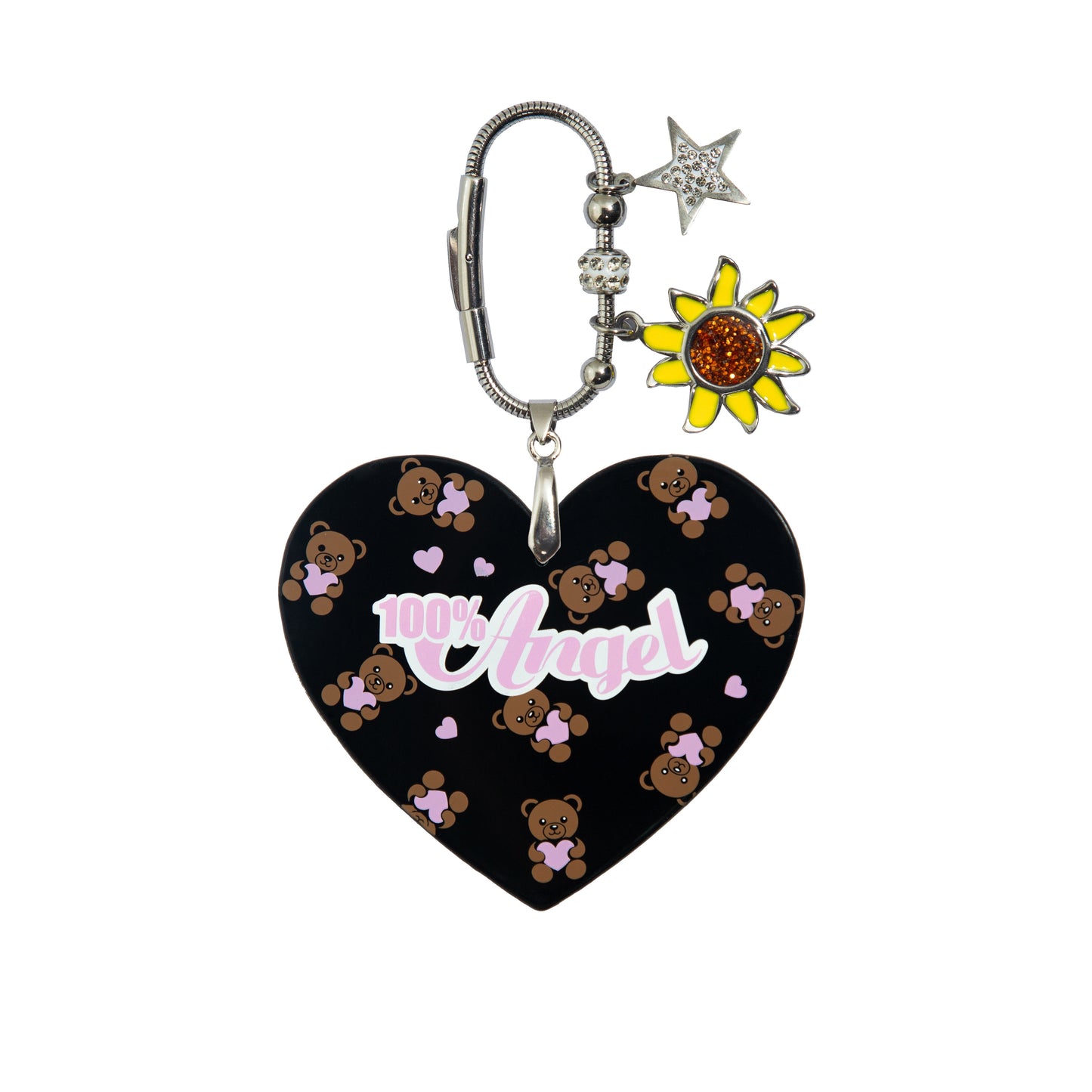 100% Angel Teddy Bear Heart Shape Bag Charm Black