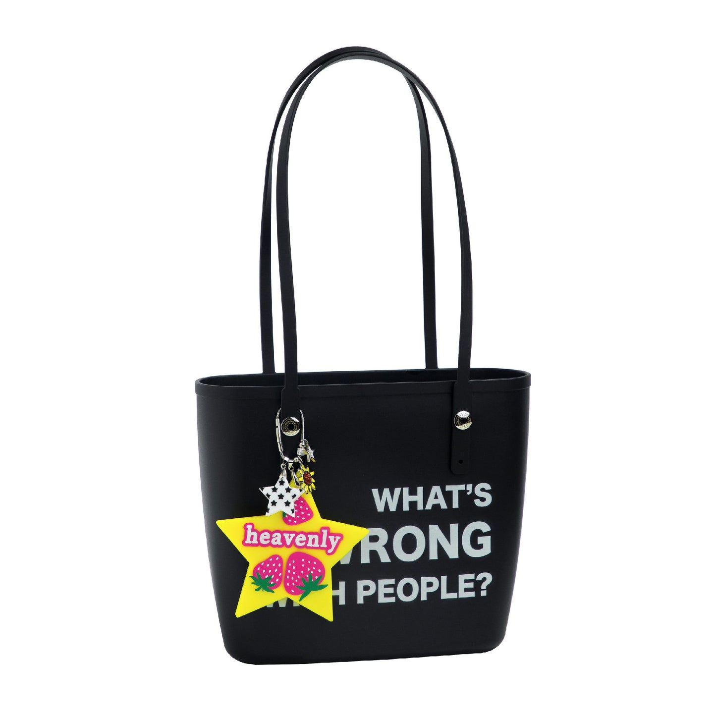 What's Wrong With People Slogan Tote Bag With Bag Charm Black