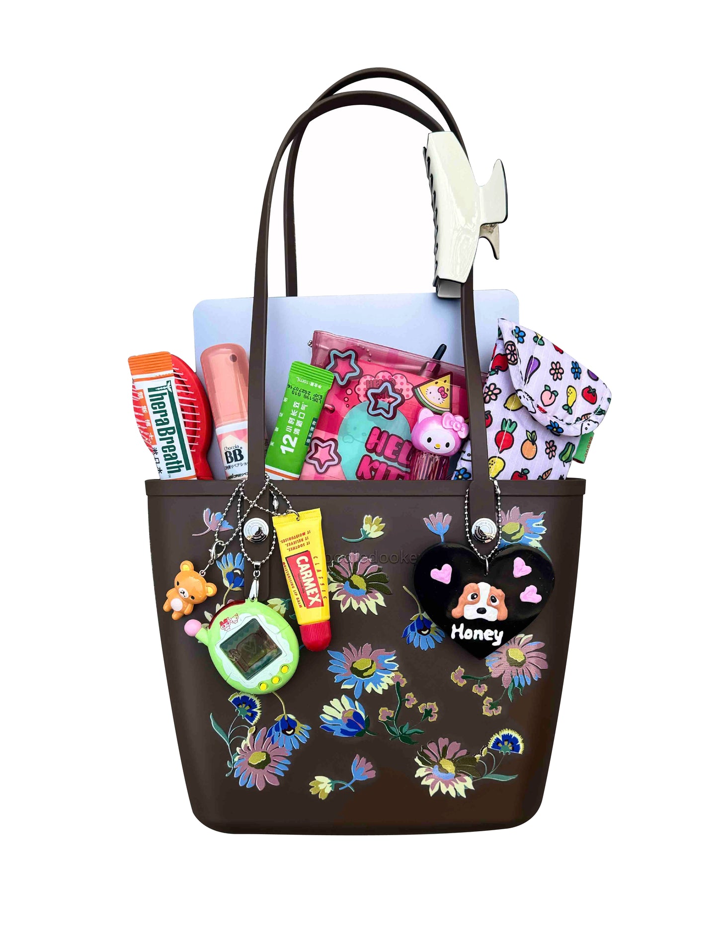 Floral Tote Bag With Bag Charm Chocolate