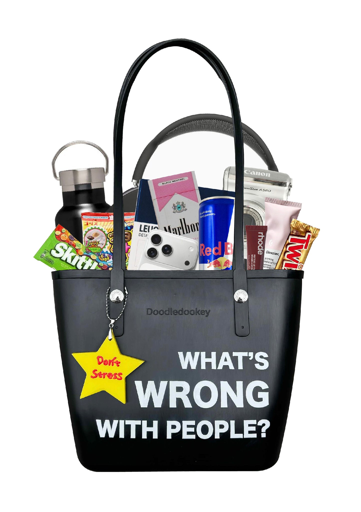 What's Wrong With People Slogan Tote Bag With Bag Charm Black