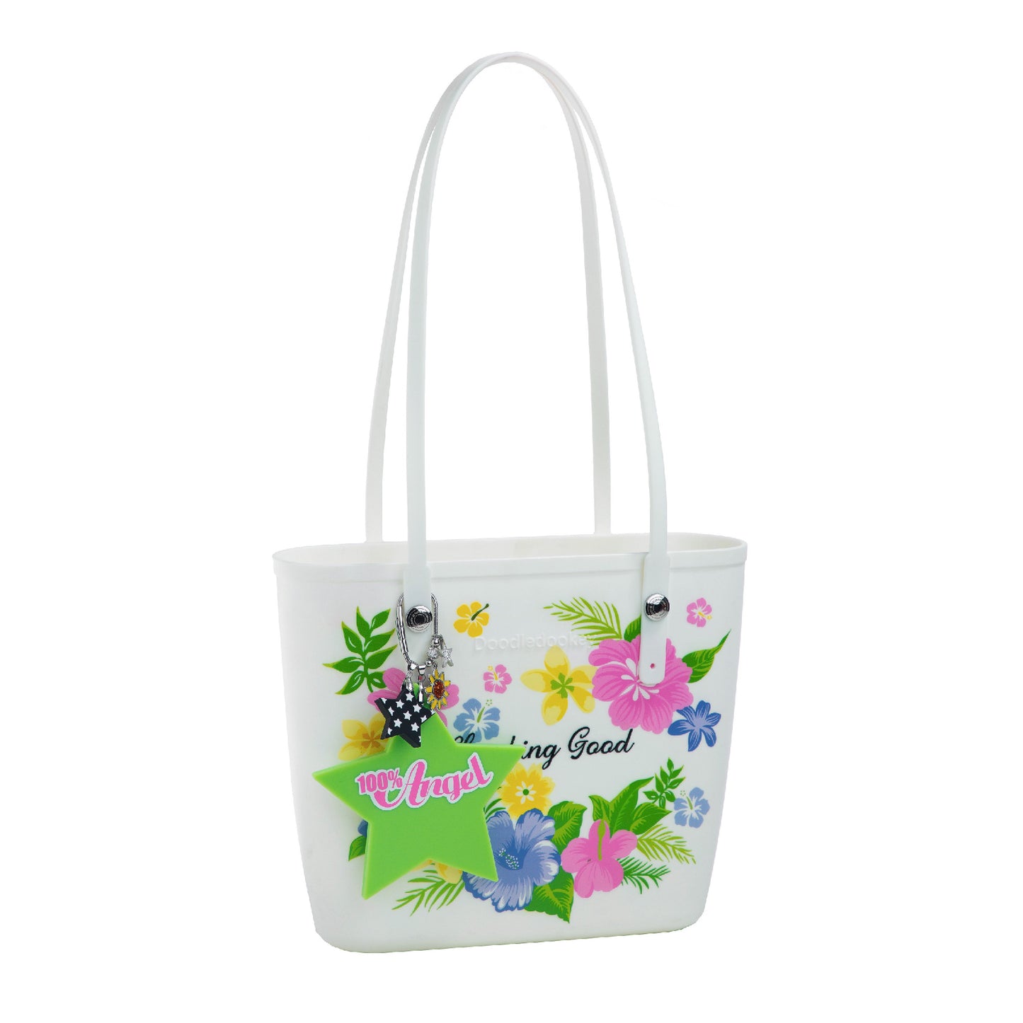 Summer Floral Tote Bag With Bag Charm White