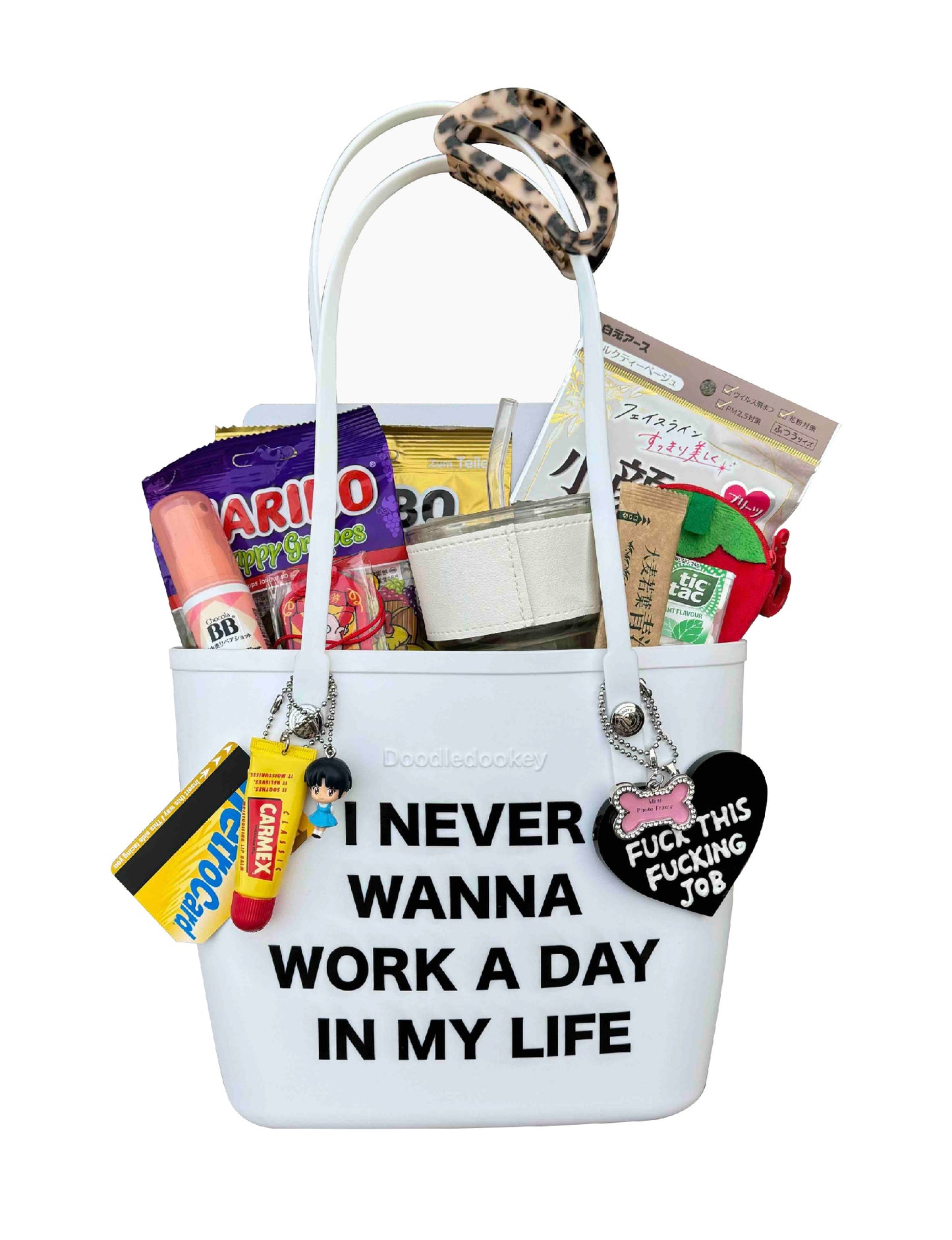 No Work Slogan Tote Bag With Bag Charm White