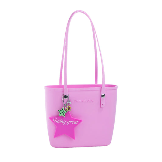 Solid Color Tote Bag With Bag Charm Pink