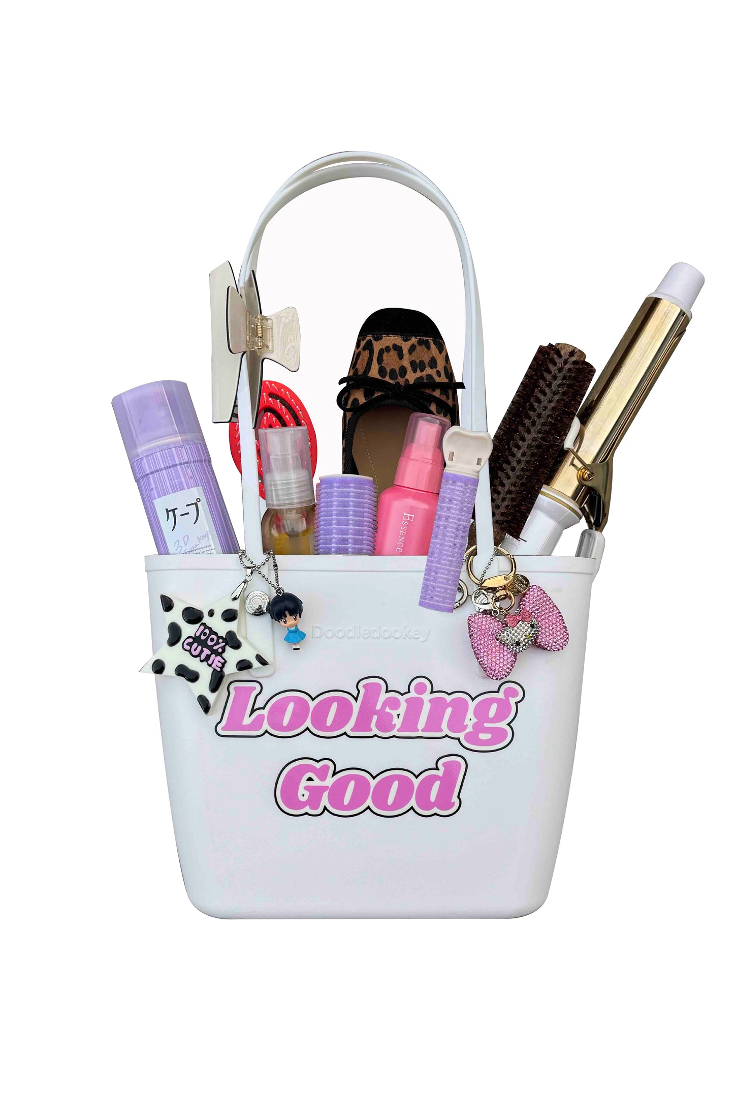 Looking Good Slogan Tote Bag With Bag Charm White