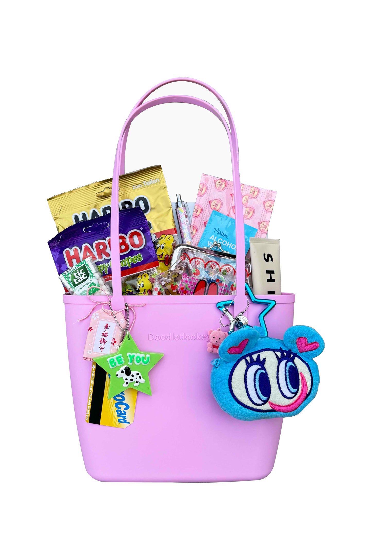 Solid Color Tote Bag With Bag Charm Pink