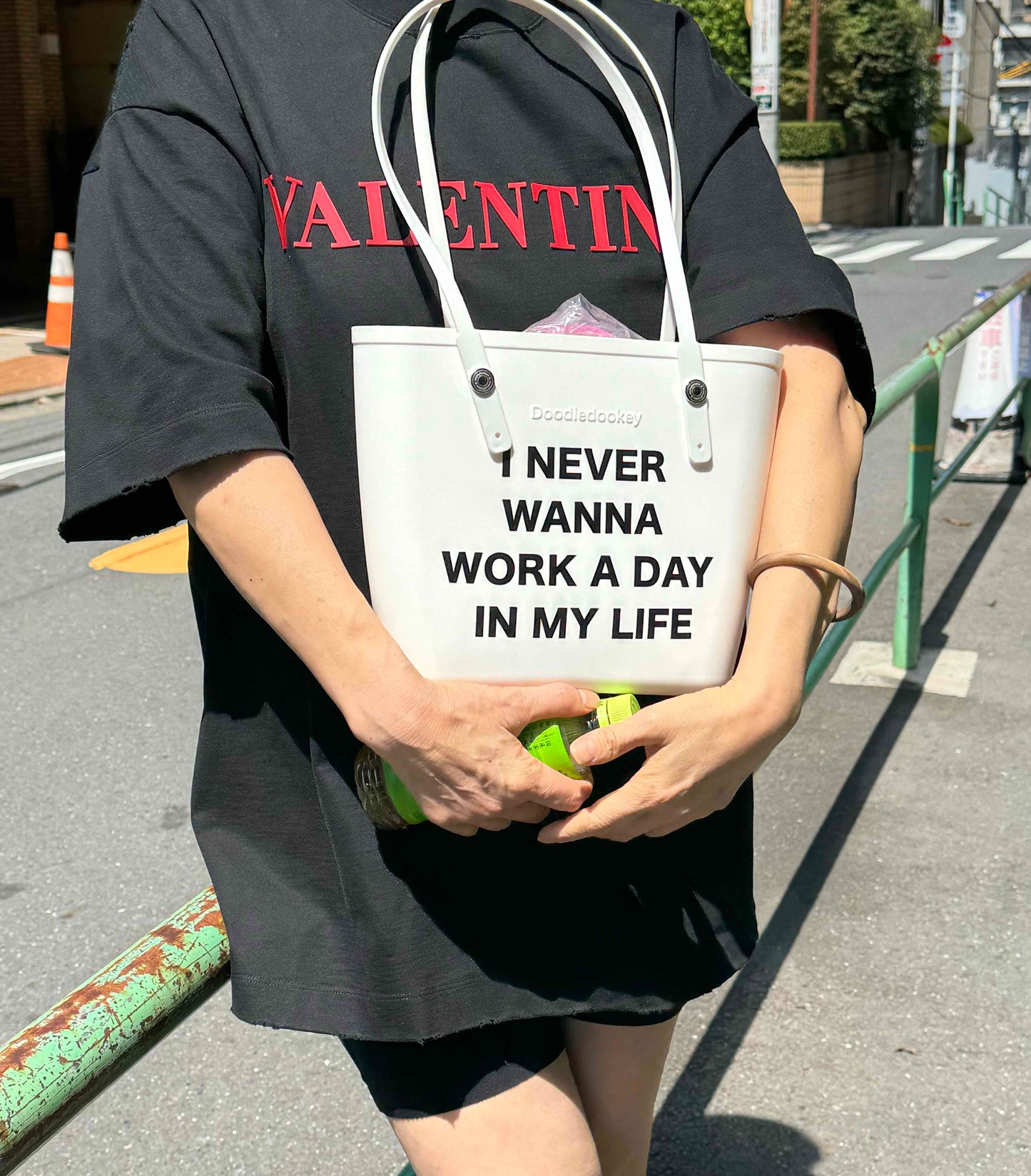 No Work Slogan Tote Bag With Bag Charm White