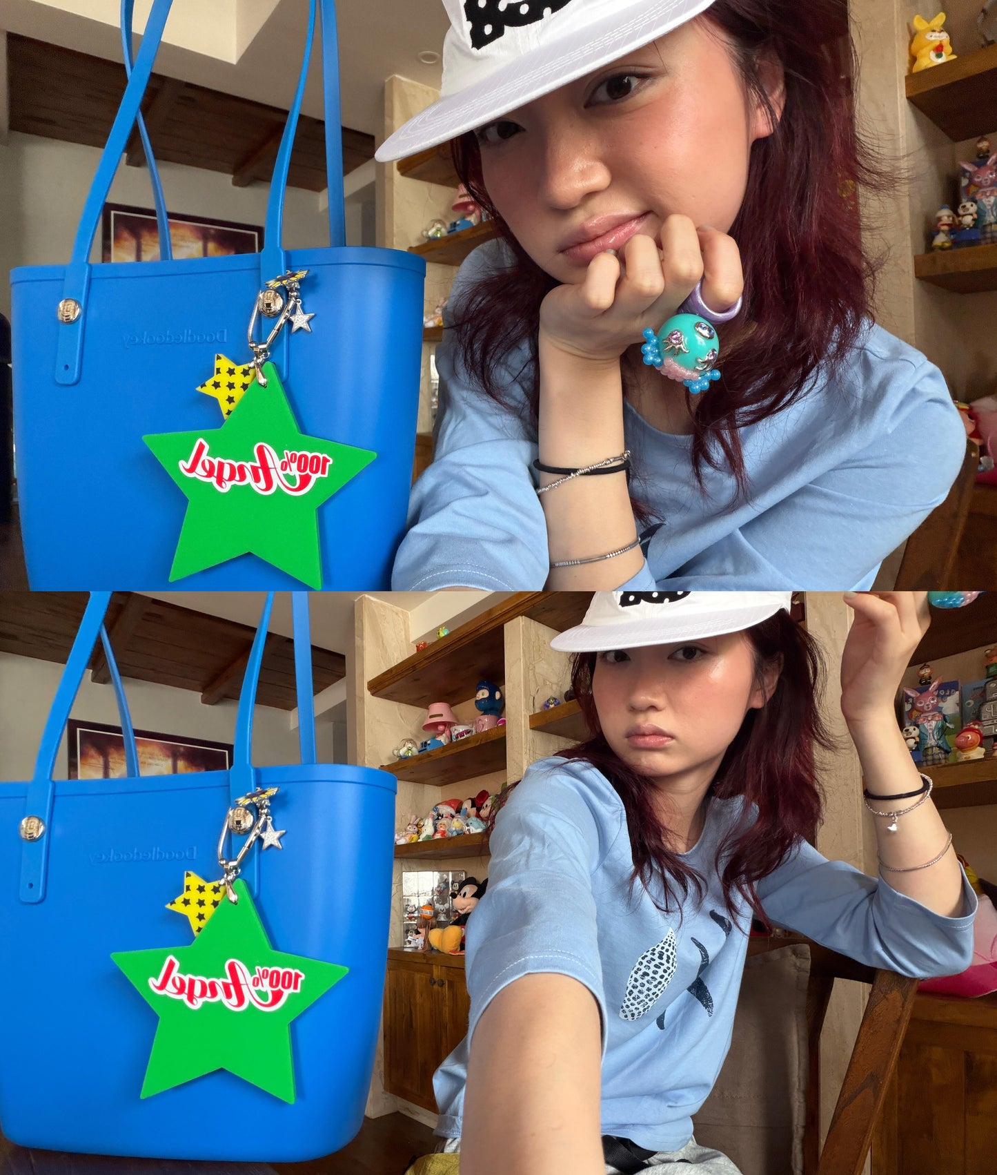 Solid Color Tote Bag With Bag Charm Blue