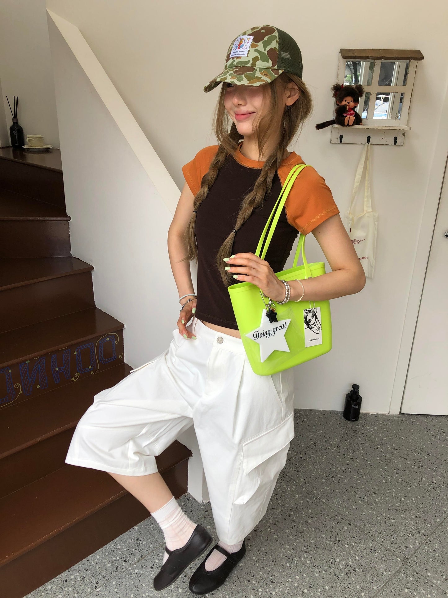 Solid Color Tote Bag With Bag Charm Green