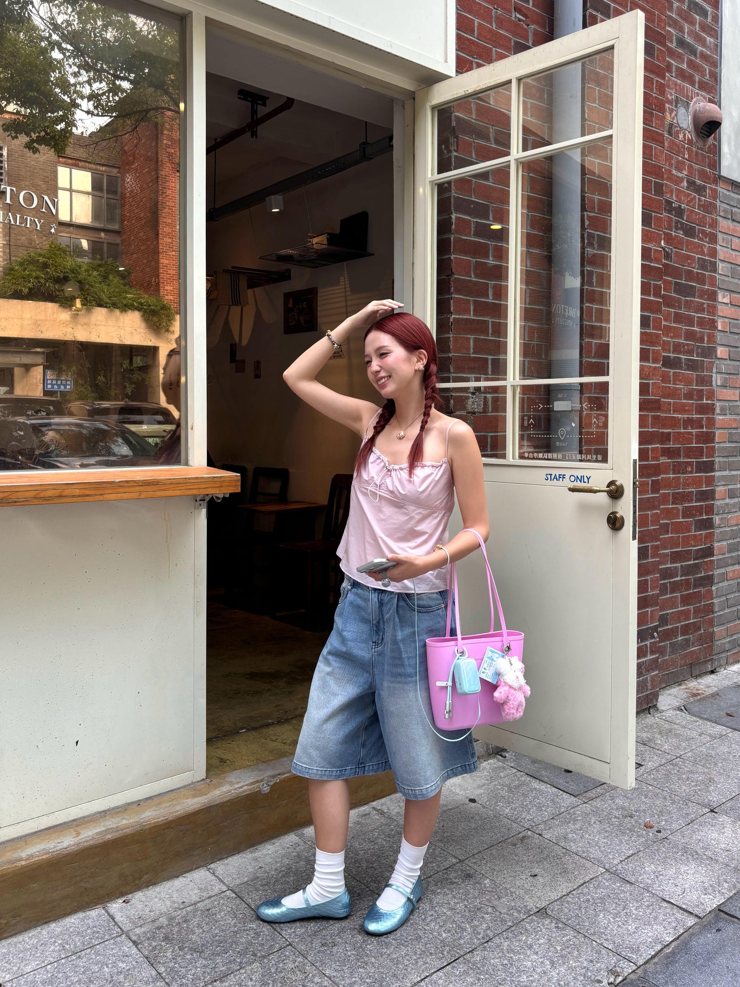 Solid Color Tote Bag With Bag Charm Pink