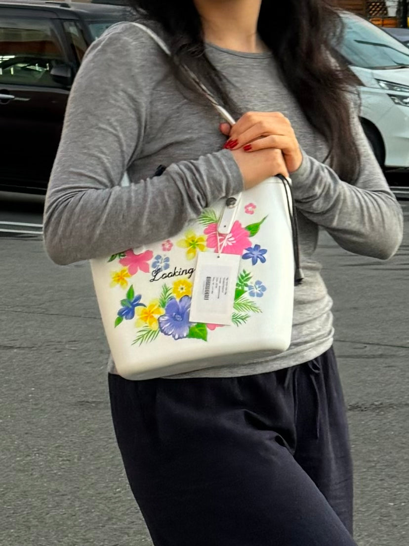 Summer Floral Tote Bag With Bag Charm White