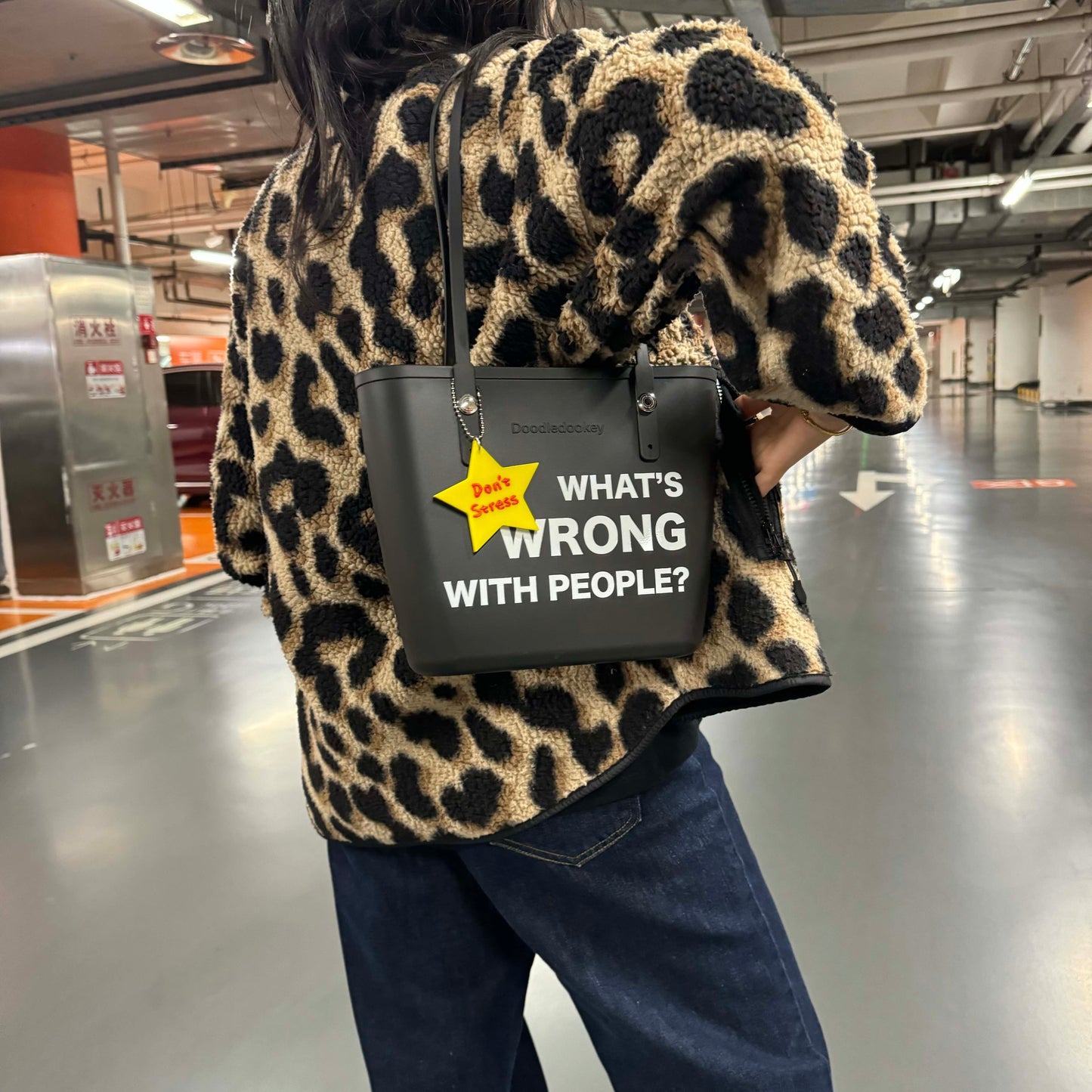 What's Wrong With People Slogan Tote Bag With Bag Charm Black