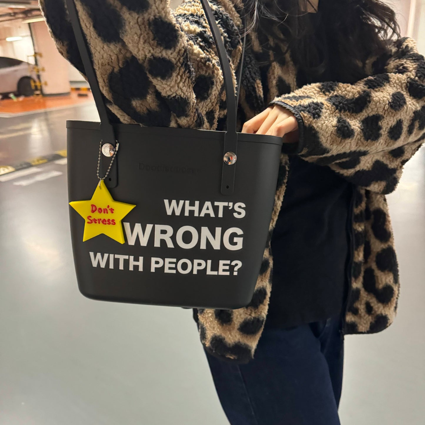 What's Wrong With People Slogan Tote Bag With Bag Charm Black