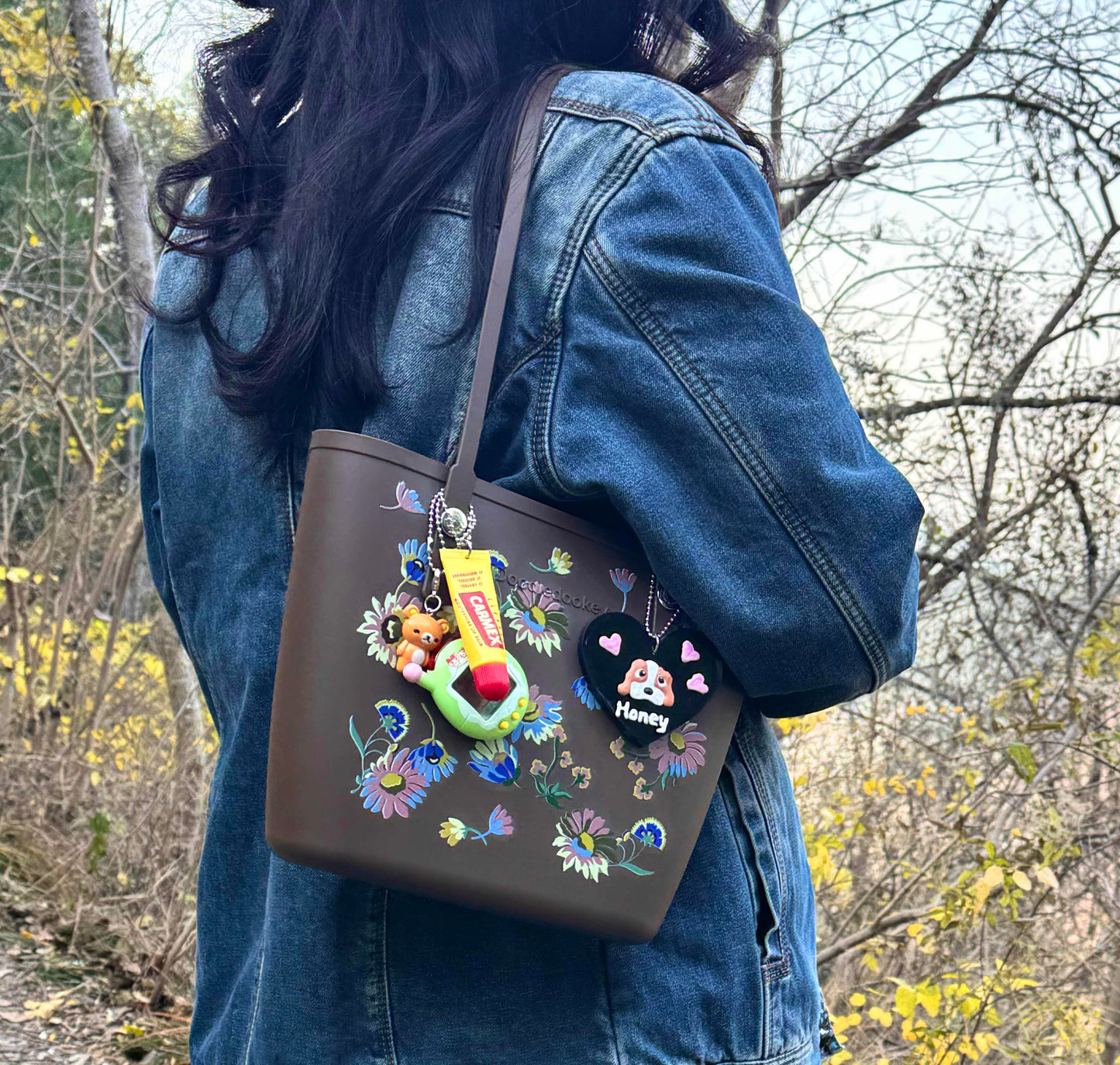 Floral Tote Bag With Bag Charm Chocolate