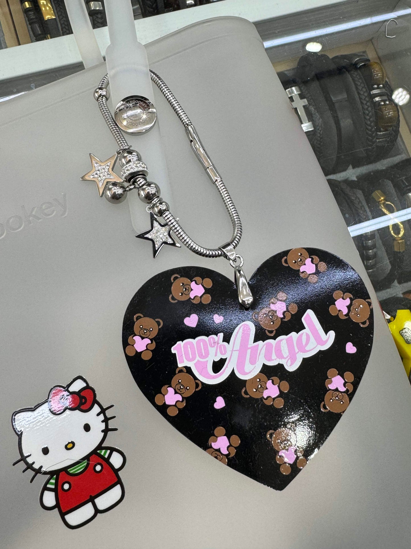 100% Angel Teddy Bear Heart Shape Bag Charm Black