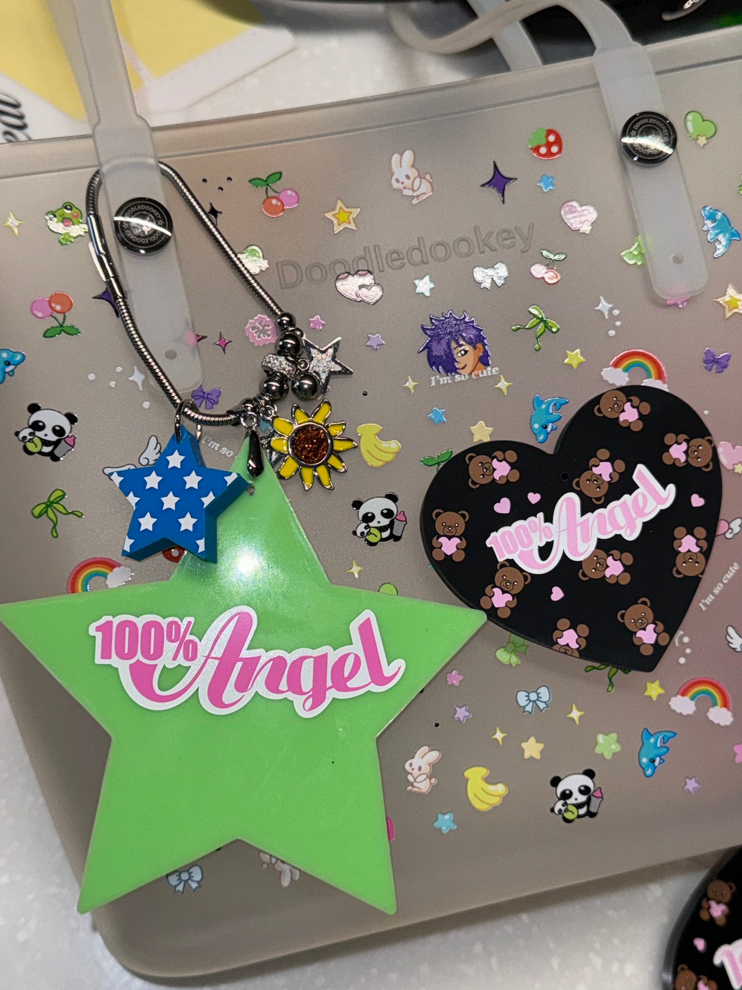 100% Angel Teddy Bear Heart Shape Bag Charm Black
