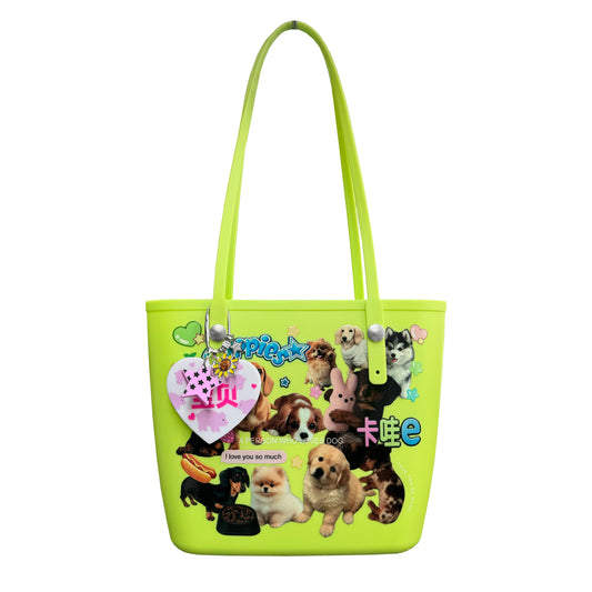 Puppy Tote Bag With Bag Charm Green