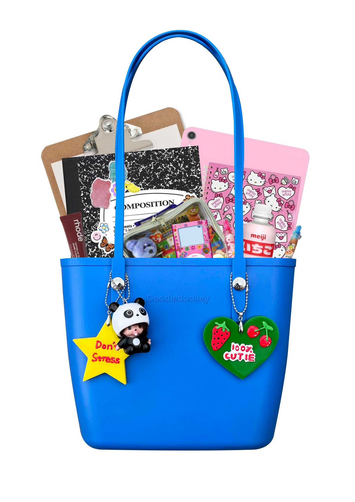 Solid Color Tote Bag With Bag Charm Blue